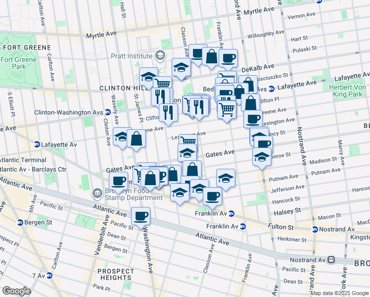 map of restaurants, bars, coffee shops, grocery stores, and more near 25 Quincy Street in Brooklyn