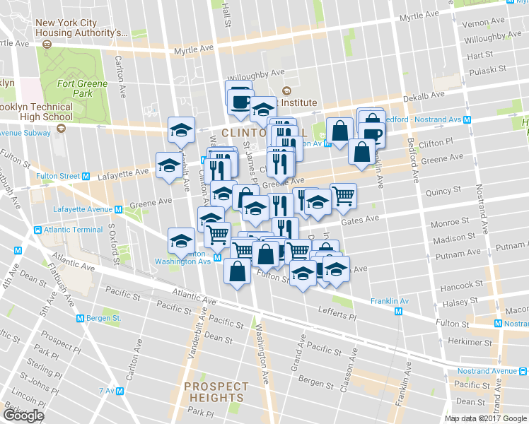 map of restaurants, bars, coffee shops, grocery stores, and more near 34 Cambridge Place in Brooklyn