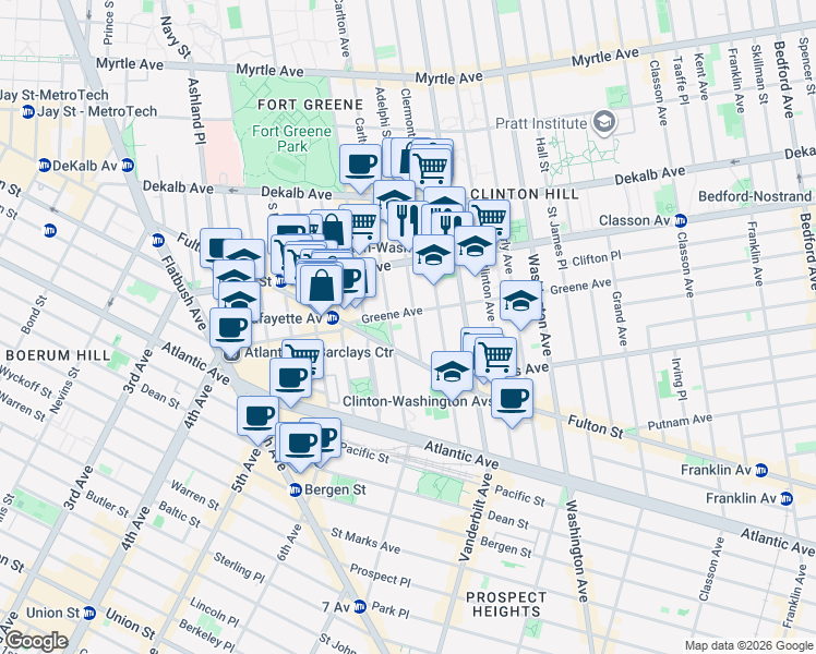 map of restaurants, bars, coffee shops, grocery stores, and more near 38 Greene Avenue in Brooklyn