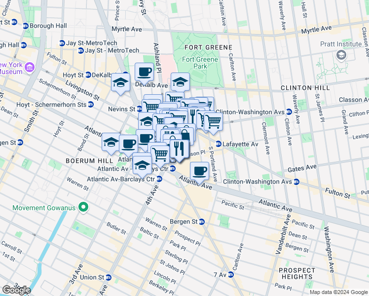 map of restaurants, bars, coffee shops, grocery stores, and more near 121 Saint Felix Street in Brooklyn