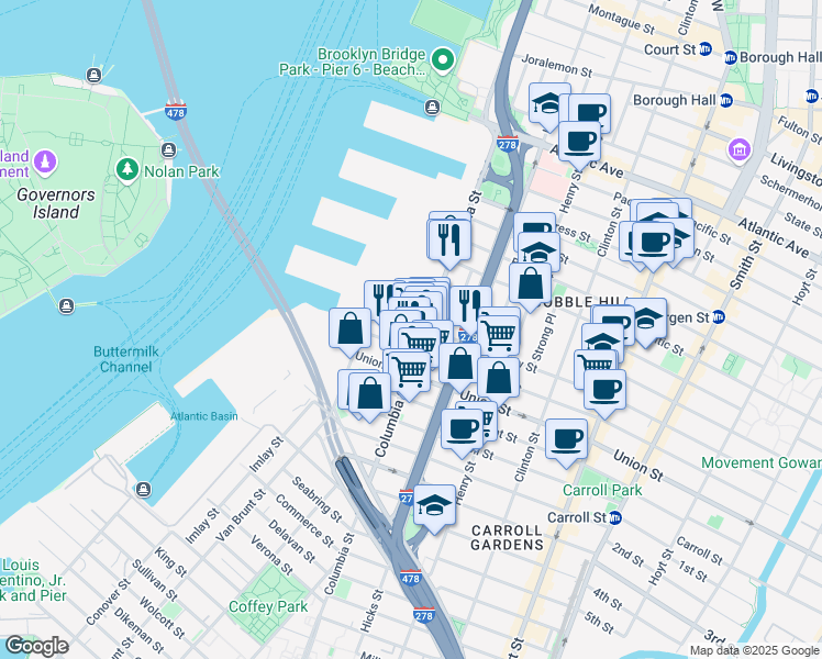 map of restaurants, bars, coffee shops, grocery stores, and more near 182 Columbia Street in Brooklyn