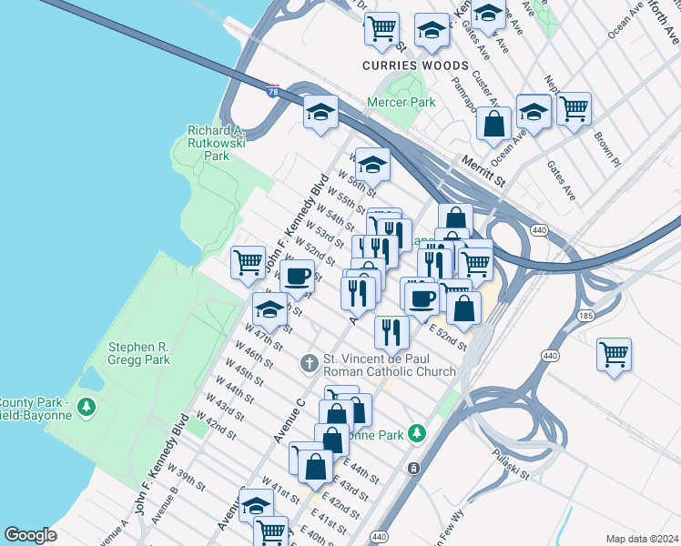 map of restaurants, bars, coffee shops, grocery stores, and more near 84 West 53rd Street in Bayonne