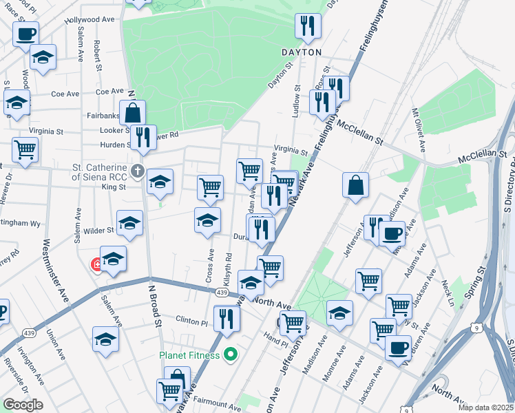 map of restaurants, bars, coffee shops, grocery stores, and more near 948 Sheridan Avenue in Elizabeth