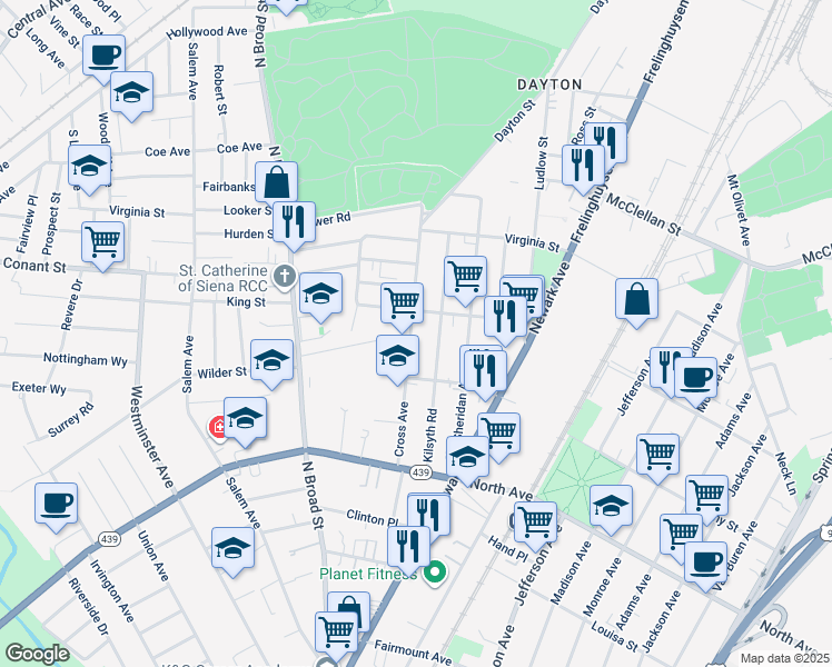 map of restaurants, bars, coffee shops, grocery stores, and more near 948 Kilsyth Road in Elizabeth