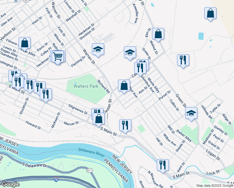 map of restaurants, bars, coffee shops, grocery stores, and more near 320 Center Street in Phillipsburg