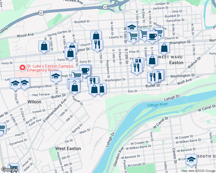 map of restaurants, bars, coffee shops, grocery stores, and more near 1440 Washington Street in Easton