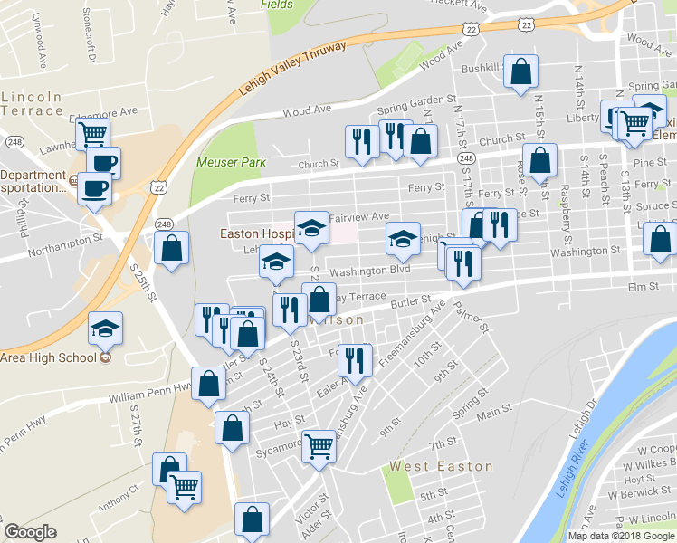 map of restaurants, bars, coffee shops, grocery stores, and more near 2022 Washington Boulevard in Easton