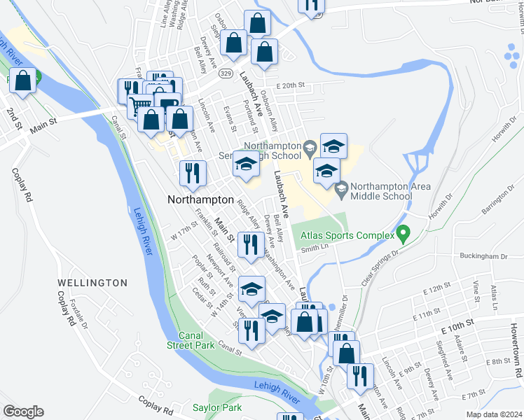 map of restaurants, bars, coffee shops, grocery stores, and more near 417 South Lincoln Avenue in Walnutport