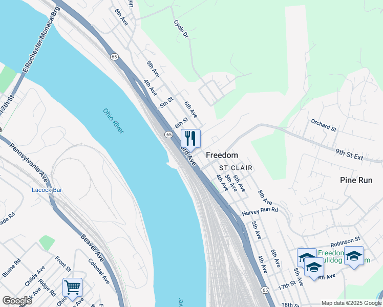 map of restaurants, bars, coffee shops, grocery stores, and more near 701 3rd Avenue in Freedom