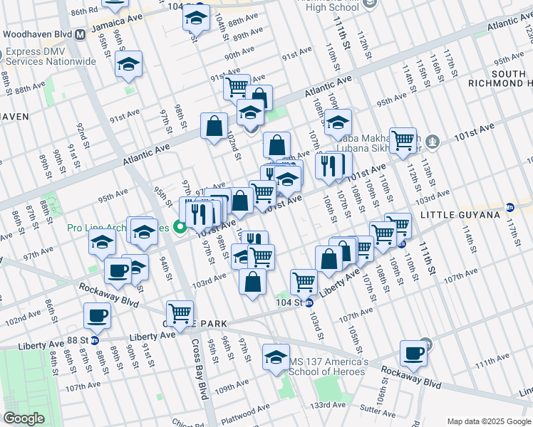 map of restaurants, bars, coffee shops, grocery stores, and more near 102-7 101st Avenue in Queens