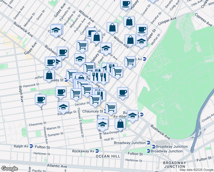 map of restaurants, bars, coffee shops, grocery stores, and more near 1044 Decatur Street in Brooklyn