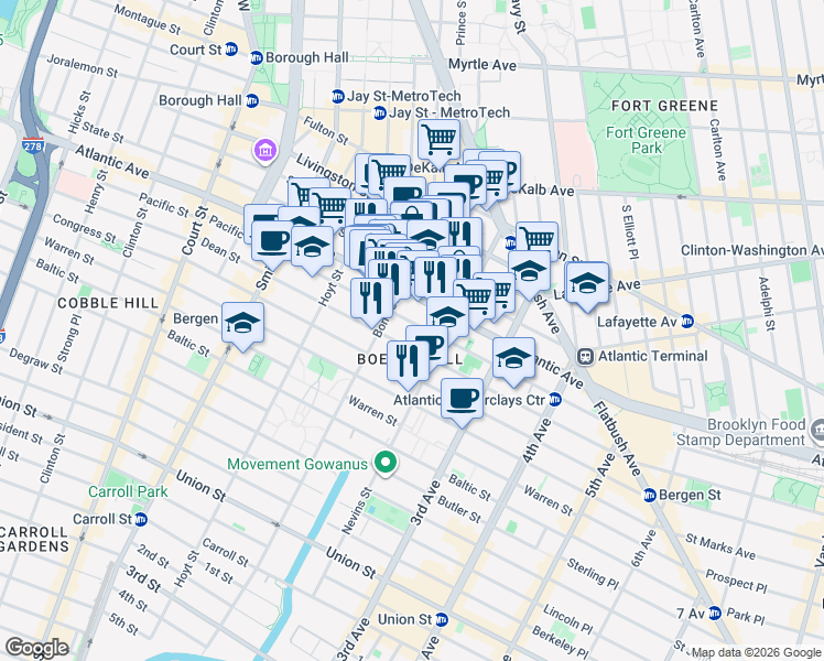 map of restaurants, bars, coffee shops, grocery stores, and more near 415 Pacific Street in Brooklyn