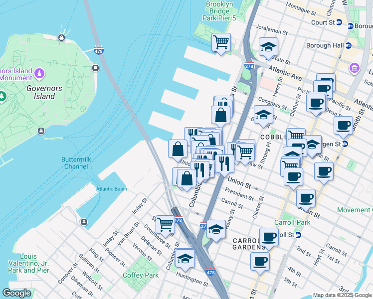 map of restaurants, bars, coffee shops, grocery stores, and more near 76 Degraw Street in Brooklyn