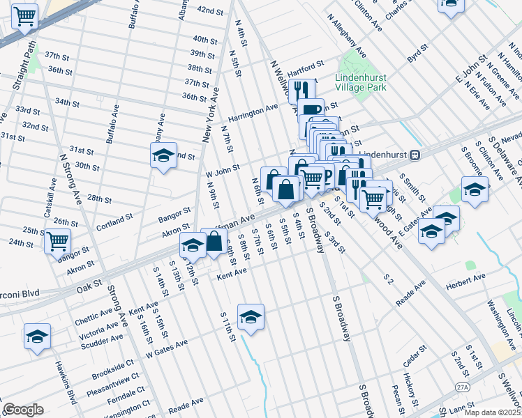 map of restaurants, bars, coffee shops, grocery stores, and more near 164 West Hoffman Avenue in Lindenhurst