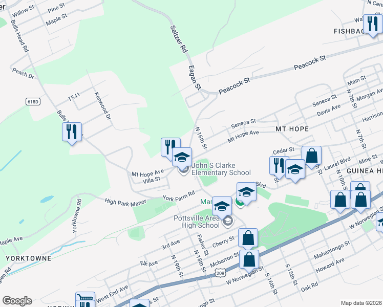 map of restaurants, bars, coffee shops, grocery stores, and more near 1604 Mount Hope Avenue in Pottsville