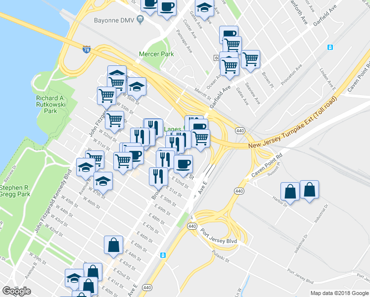 map of restaurants, bars, coffee shops, grocery stores, and more near 3 Garfield Avenue in Jersey City