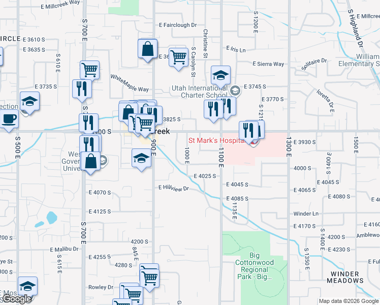map of restaurants, bars, coffee shops, grocery stores, and more near 3957 1000 East in Millcreek