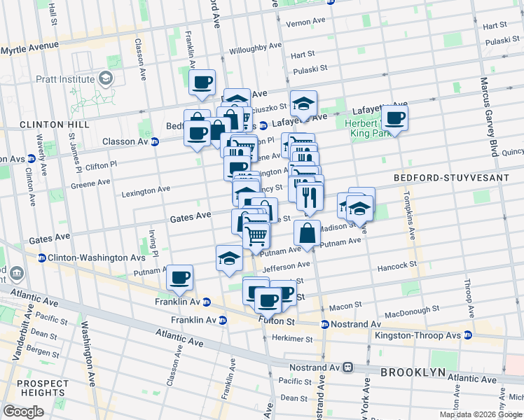 map of restaurants, bars, coffee shops, grocery stores, and more near 330 Gates Avenue in Brooklyn