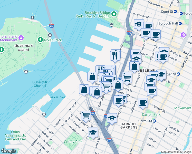map of restaurants, bars, coffee shops, grocery stores, and more near 76 Degraw Street in Brooklyn