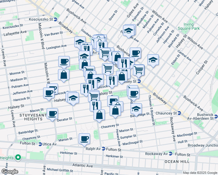 map of restaurants, bars, coffee shops, grocery stores, and more near 851 Hancock Street in Brooklyn