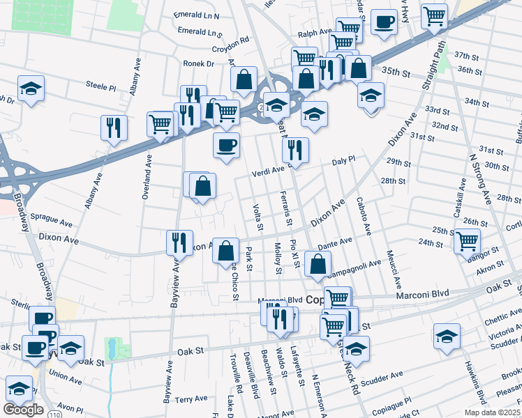 map of restaurants, bars, coffee shops, grocery stores, and more near 140 Volta Street in Copiague