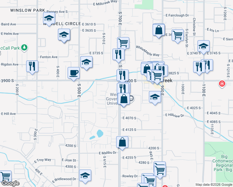 map of restaurants, bars, coffee shops, grocery stores, and more near 3970 South 700 East in Murray