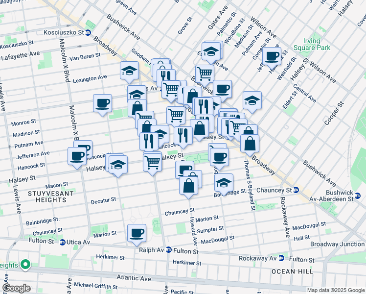 map of restaurants, bars, coffee shops, grocery stores, and more near 883 Hancock Street in Brooklyn