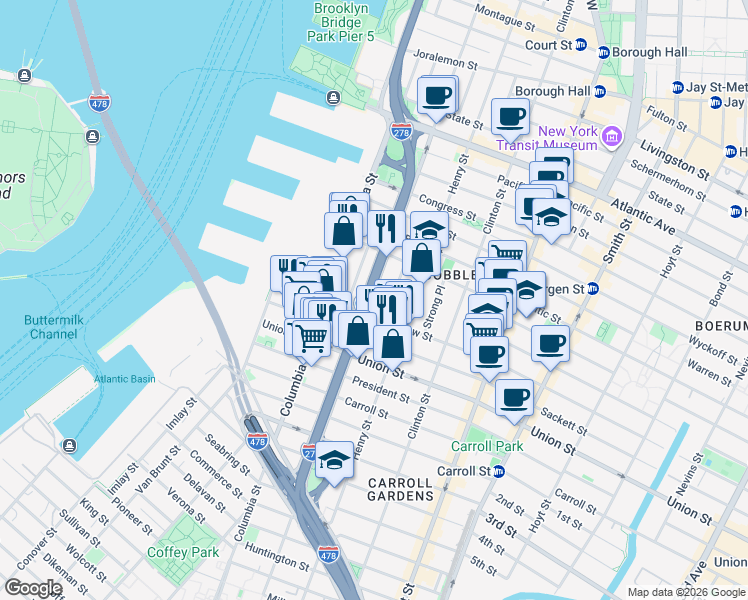 map of restaurants, bars, coffee shops, grocery stores, and more near 43 Tiffany Place in Brooklyn