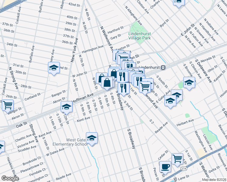 map of restaurants, bars, coffee shops, grocery stores, and more near 120 West Hoffman Avenue in Lindenhurst