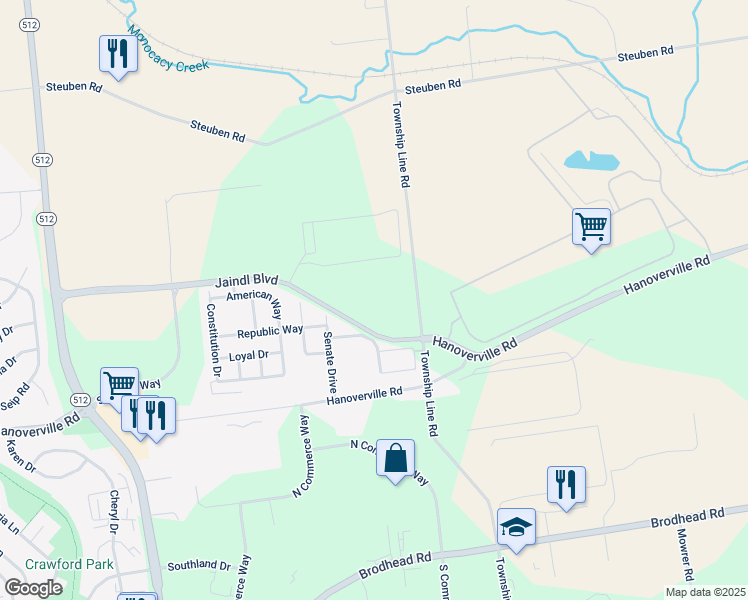 map of restaurants, bars, coffee shops, grocery stores, and more near 215 Township Line Road in Bethlehem