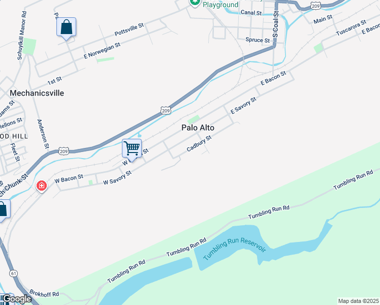 map of restaurants, bars, coffee shops, grocery stores, and more near Cadbury Street in Palo Alto