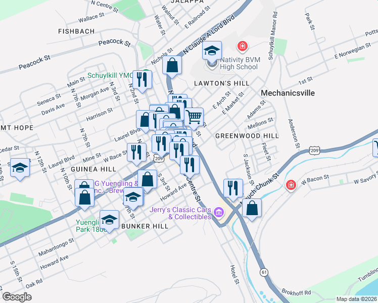map of restaurants, bars, coffee shops, grocery stores, and more near 200 East Norwegian Street in Pottsville