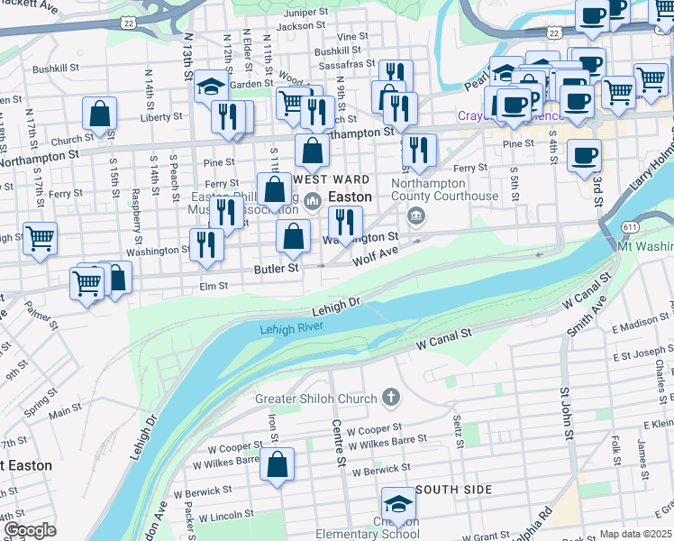 map of restaurants, bars, coffee shops, grocery stores, and more near 924 Butler Street in Easton