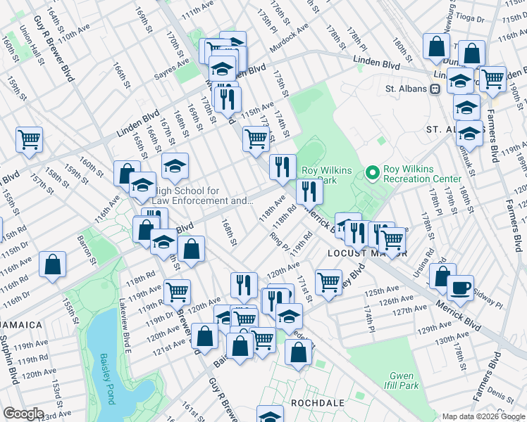 map of restaurants, bars, coffee shops, grocery stores, and more near 170-21 118th Avenue in Queens