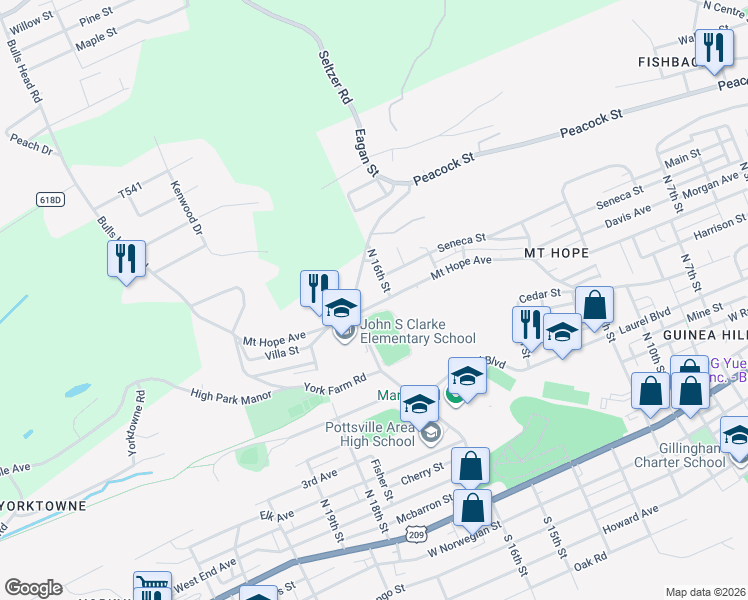 map of restaurants, bars, coffee shops, grocery stores, and more near 1604 Mount Hope Avenue in Pottsville