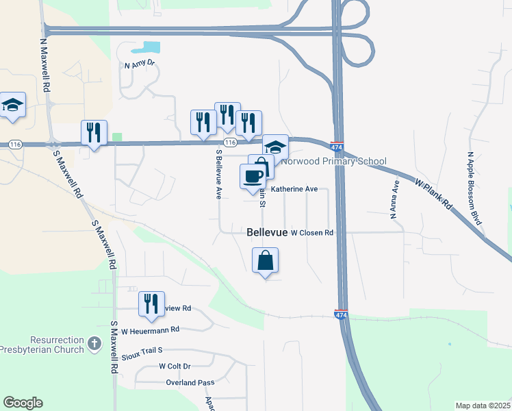 map of restaurants, bars, coffee shops, grocery stores, and more near 317 South Main Street in Bellevue