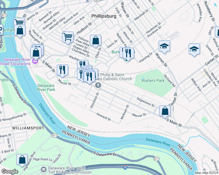 map of restaurants, bars, coffee shops, grocery stores, and more near 132 Sitgreaves Street in Phillipsburg