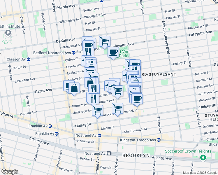 map of restaurants, bars, coffee shops, grocery stores, and more near 276 Monroe Street in Brooklyn