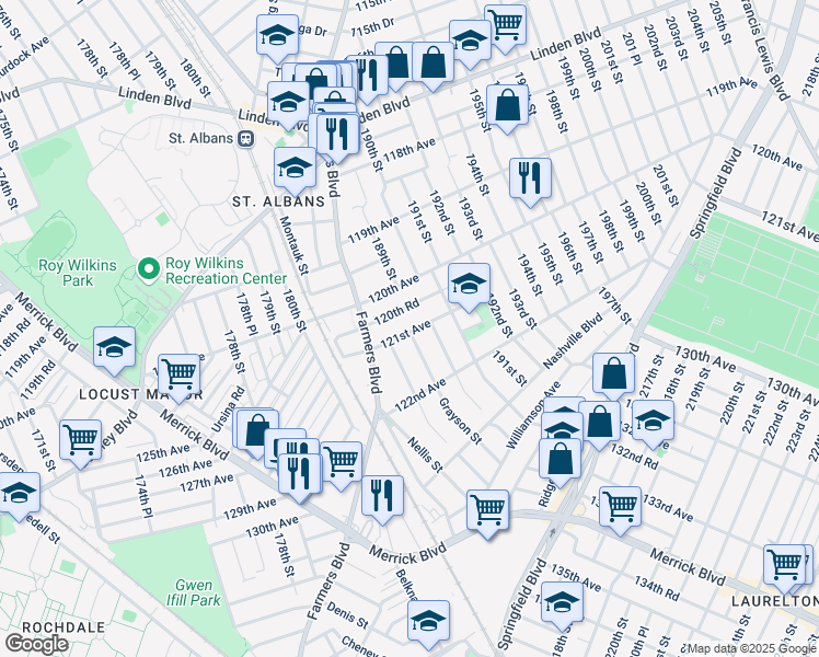 map of restaurants, bars, coffee shops, grocery stores, and more near 188-36 120th Road in Queens