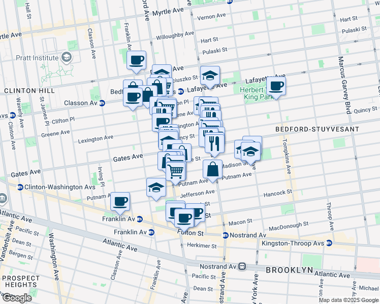 map of restaurants, bars, coffee shops, grocery stores, and more near 350 Gates Avenue in Brooklyn