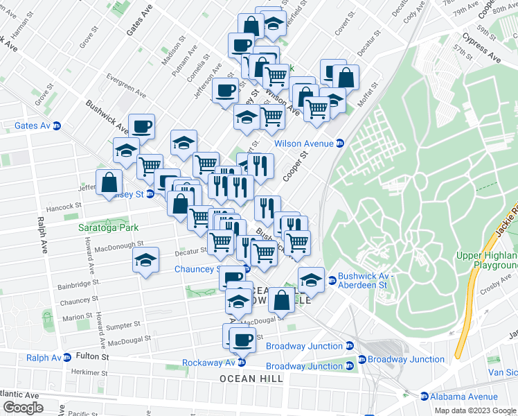 map of restaurants, bars, coffee shops, grocery stores, and more near 73A Cooper Street in Brooklyn