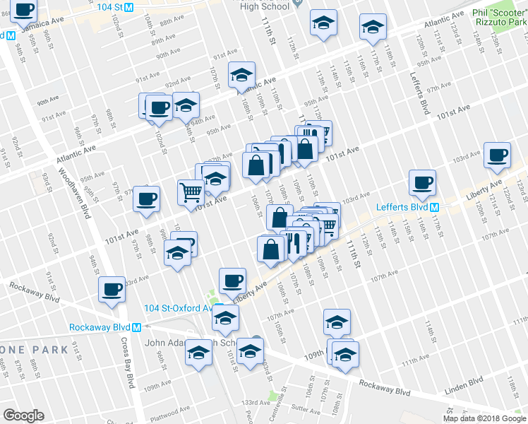 map of restaurants, bars, coffee shops, grocery stores, and more near 101-41 106th Street in Queens