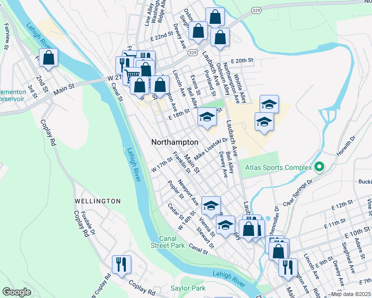 map of restaurants, bars, coffee shops, grocery stores, and more near 1643 Main Street in Northampton
