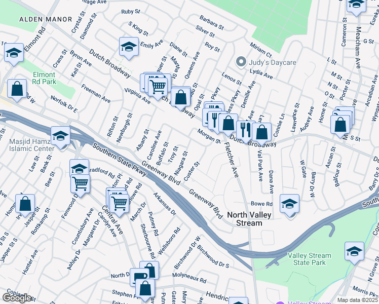 map of restaurants, bars, coffee shops, grocery stores, and more near 859 Niagara Street in Elmont