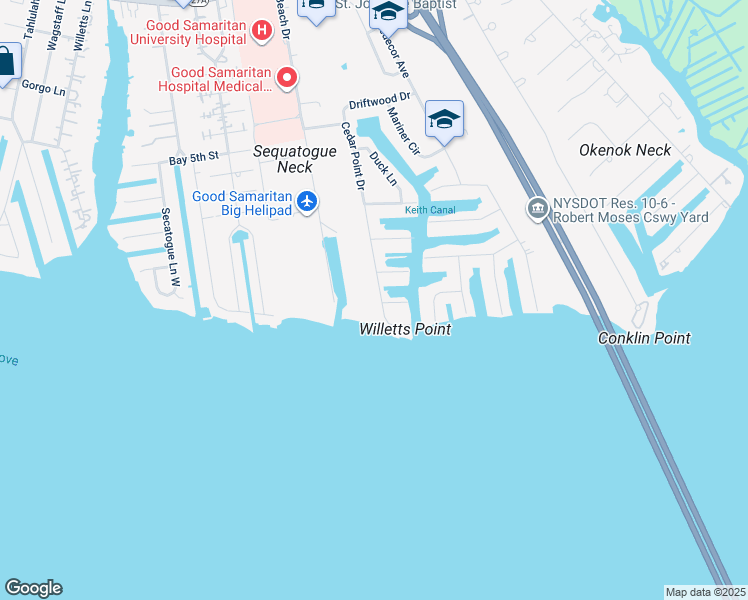 map of restaurants, bars, coffee shops, grocery stores, and more near 42 Cedar Point Drive in West Islip