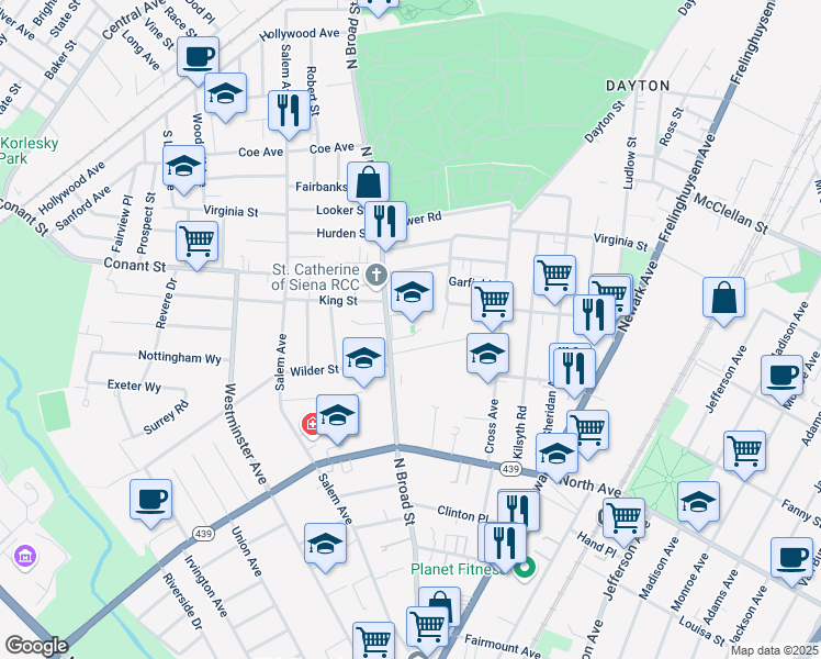 map of restaurants, bars, coffee shops, grocery stores, and more near 919 North Broad Street in Elizabeth