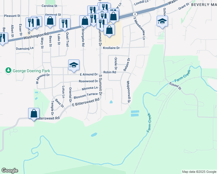 map of restaurants, bars, coffee shops, grocery stores, and more near 628 Mickel Parkway in Washington