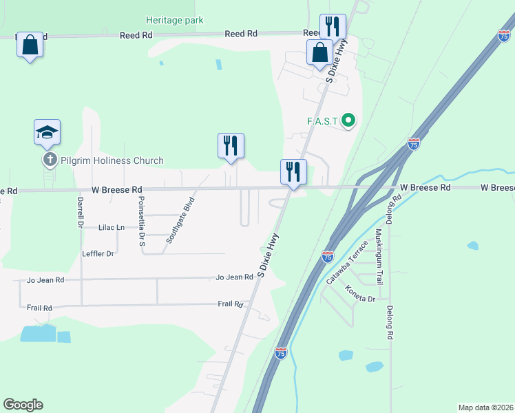 map of restaurants, bars, coffee shops, grocery stores, and more near 1643 West Breese Road in Cridersville