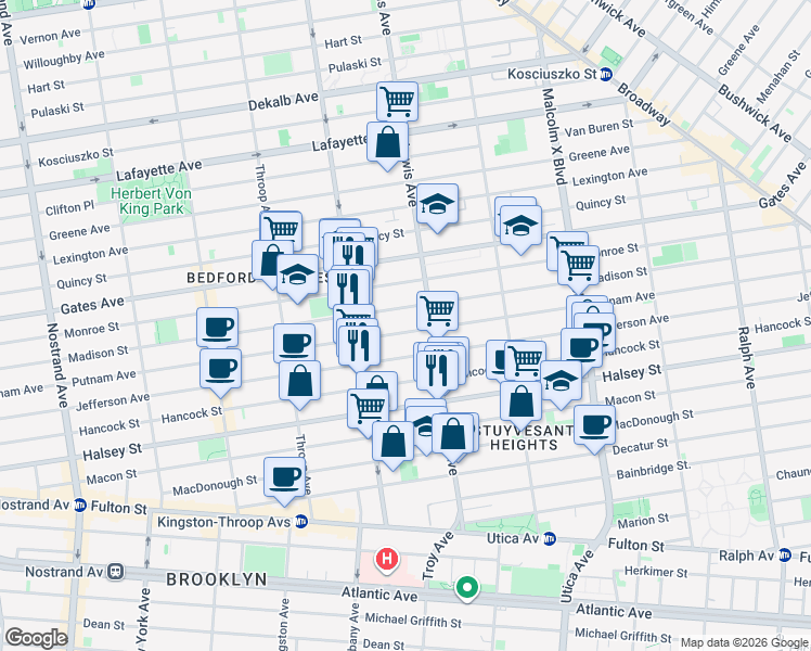 map of restaurants, bars, coffee shops, grocery stores, and more near 621 Putnam Avenue in Brooklyn