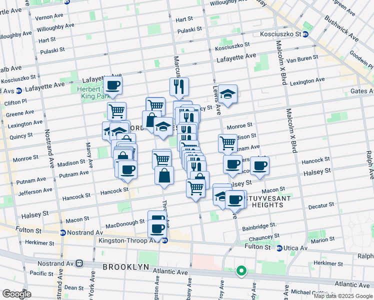 map of restaurants, bars, coffee shops, grocery stores, and more near 462 Madison Street in Brooklyn